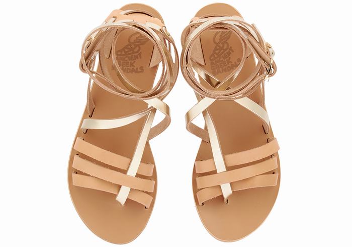 Sandali Da Gladiatore Ancient Greek Sandals Satira Leather Donna Beige Oro Bianche | YUR583VR